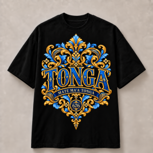 Tonga Blue and Gold Ornate Lettering T-Shirt - Black & White