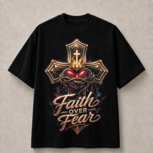 Faith Over Fear Sacred Heart T-Shirt - Black