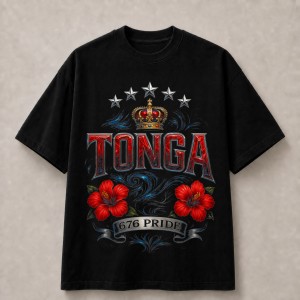 Tonga 676 Crown and Hibiscus T-Shirt - Black