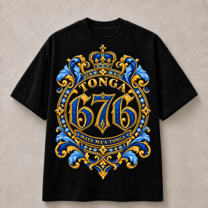 Tonga 676 Blue and Gold Royal Crest T-Shirt - Black & White